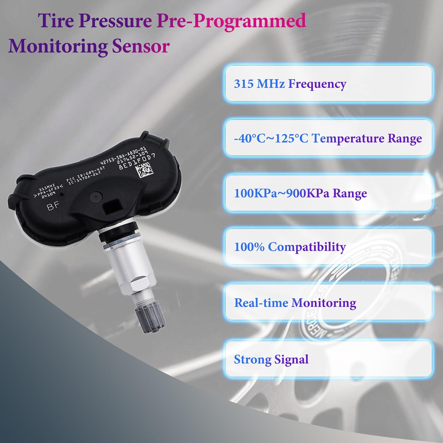 TPMS Sensor Compatible for Honda Fit Civic CR-Z Odyssey Element Insight, for Acura CSX, Tire Pressure Monitoring System 315MHZ Replaces# 42753-SNA-A830-M1, 42753SNAA81, 42753TR3A81, 4Pcs