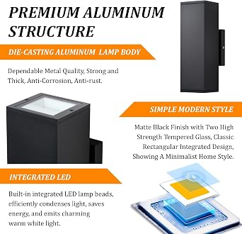 DAKAFUL Dimmable Wall Lights Outdoor 2 Packs, Integrated LED Square Up Down 12W 2700K Modern Aluminum Sconce, Waterproof Exterior Lighing Fixtures for Porch Patio Garage Gardern