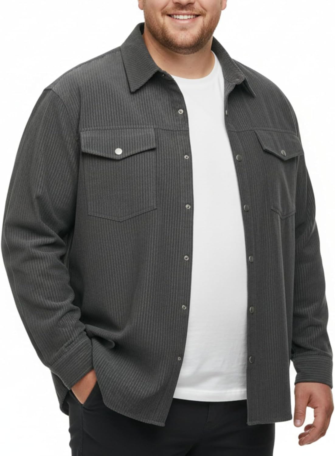 SONICDEGREE Men's Waffle Corduroy Shirt Jacket Big and Tall Shacket Button Down Textured Overshirt with Flap Pockets, 3XL-8XL