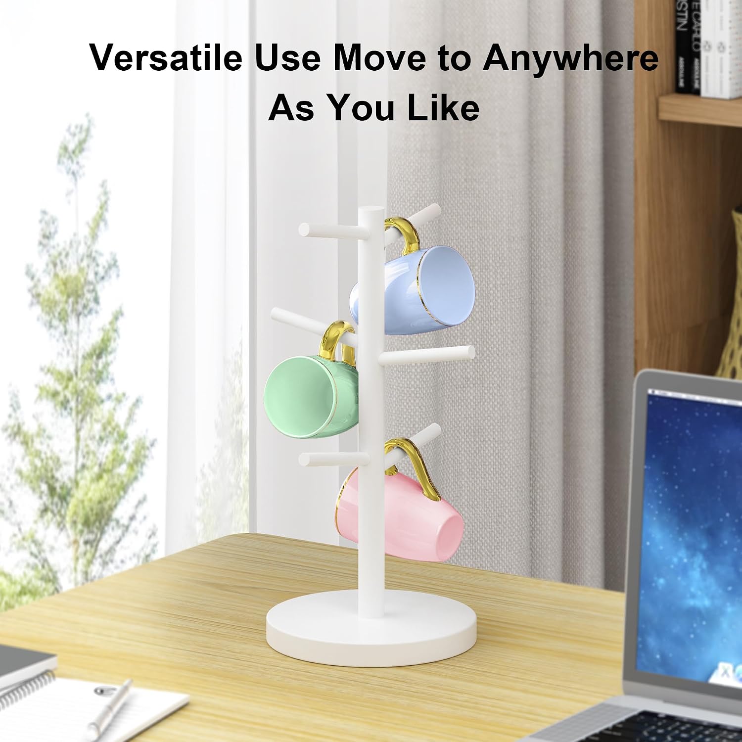 Bamboo Coffee Mug Tree Holder with 6 Hooks, Cup Stand for Countertop, White image 4