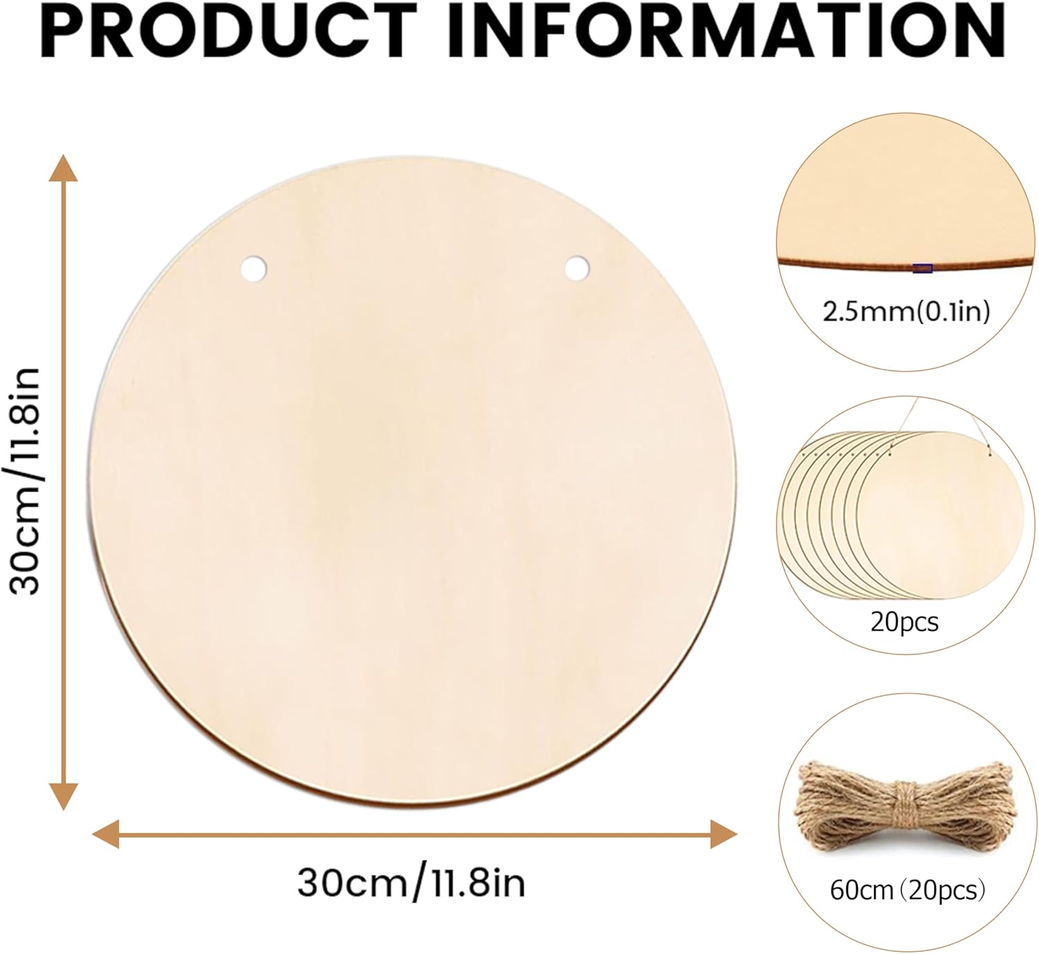 20 Pack Wood Circles for Crafts, 12 inch Blank Round Door Signs with 8 Pcs Decoration Bows and 20 Pcs Ropes, Hanging DIY Blank Round Wooden Discs for Home Door Decoration
