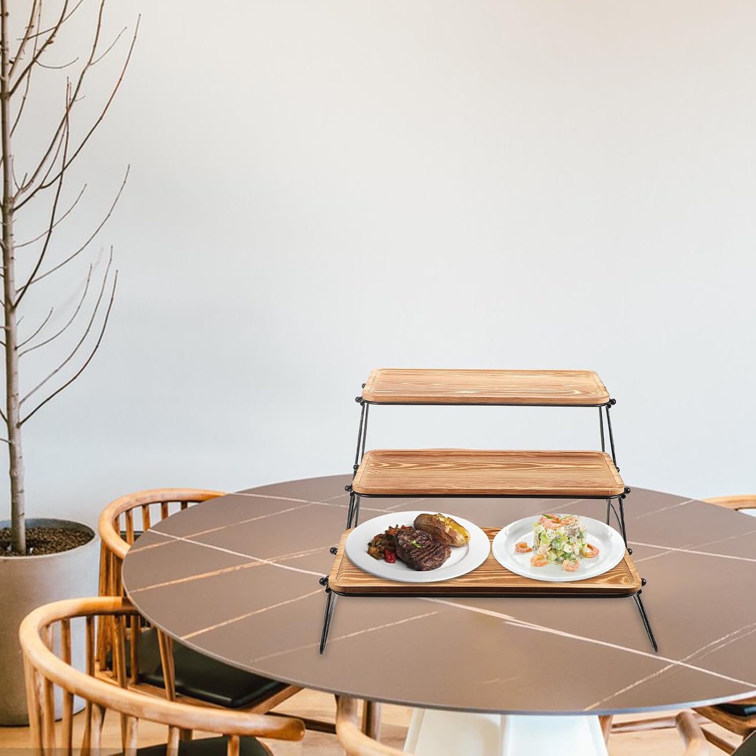 Wooden Serving Tray Set with Rack 3pcs Pine Wood Rectangular Food Trays for Table Decor and Breakfast Serving