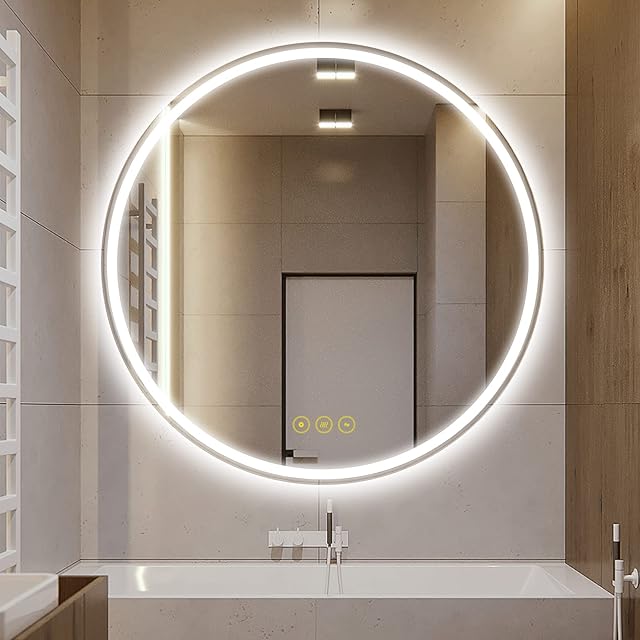 AI-LIGHTING 60cm Round Mirror with LED Lights Circular Bathroom Mirror Illuminated Anti-Fog Backlit Light Up Circle Mirror 3 LED Color Change Demister IP44 Dimmable