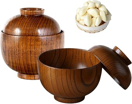 Miso Soup Bowls 2PCS Rustic Natural Texture Wooden Bowls with Lids for Food, Rice, Soup, Tea, Decoration
