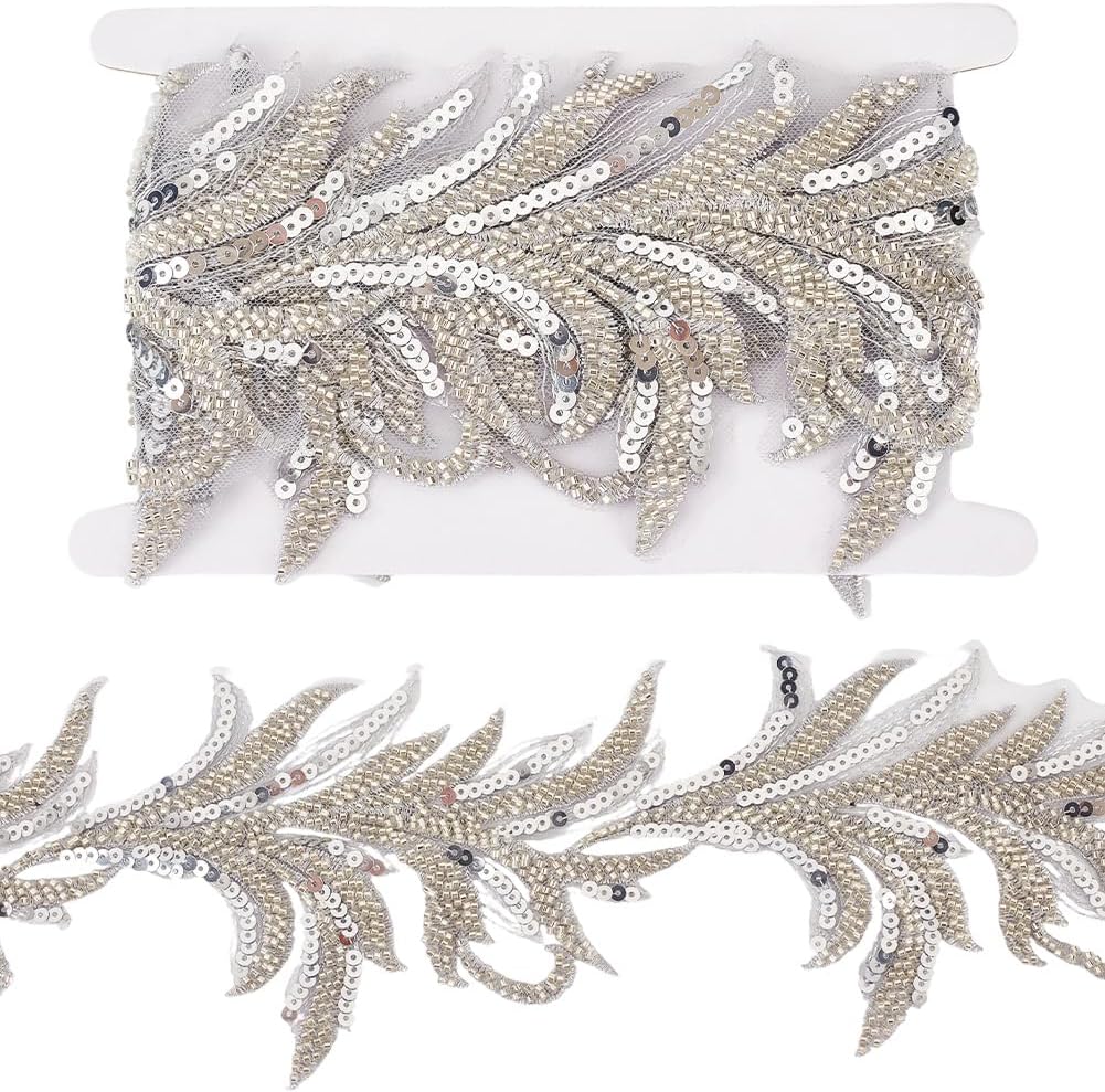 GORGECRAFT 1 Yard Sequin Lace Trim Silver Beaded Arrow Leaf Shape Lace Ribbon Applique Embroidery Patches Mesh Edging Trimmings for Clothing Curtain Skirt Embellishments DIY Sewing Crafts Home Decor