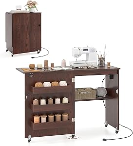 COSTWAY Sewing Machine Table with Charging Station, Folding Sewing Cabinet w/Lockable Casters, 3-Tier Shelf, Middle Rack, Magnetic Door, Small Sewing Desk for Home Apartment, Studio (Brown)