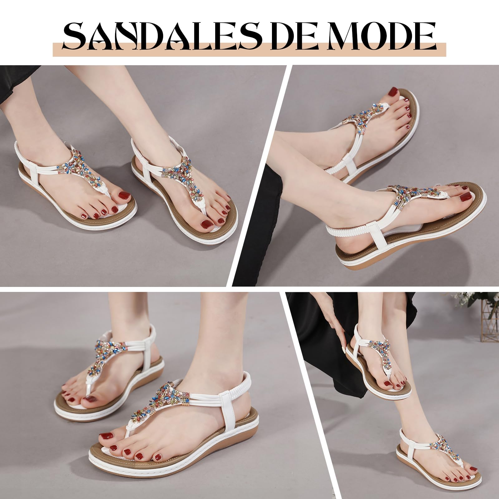 FOGOIN Sandales Femme Été Confortable Tong Mode Bohème Chaussures pour Plage Plate et Elégant