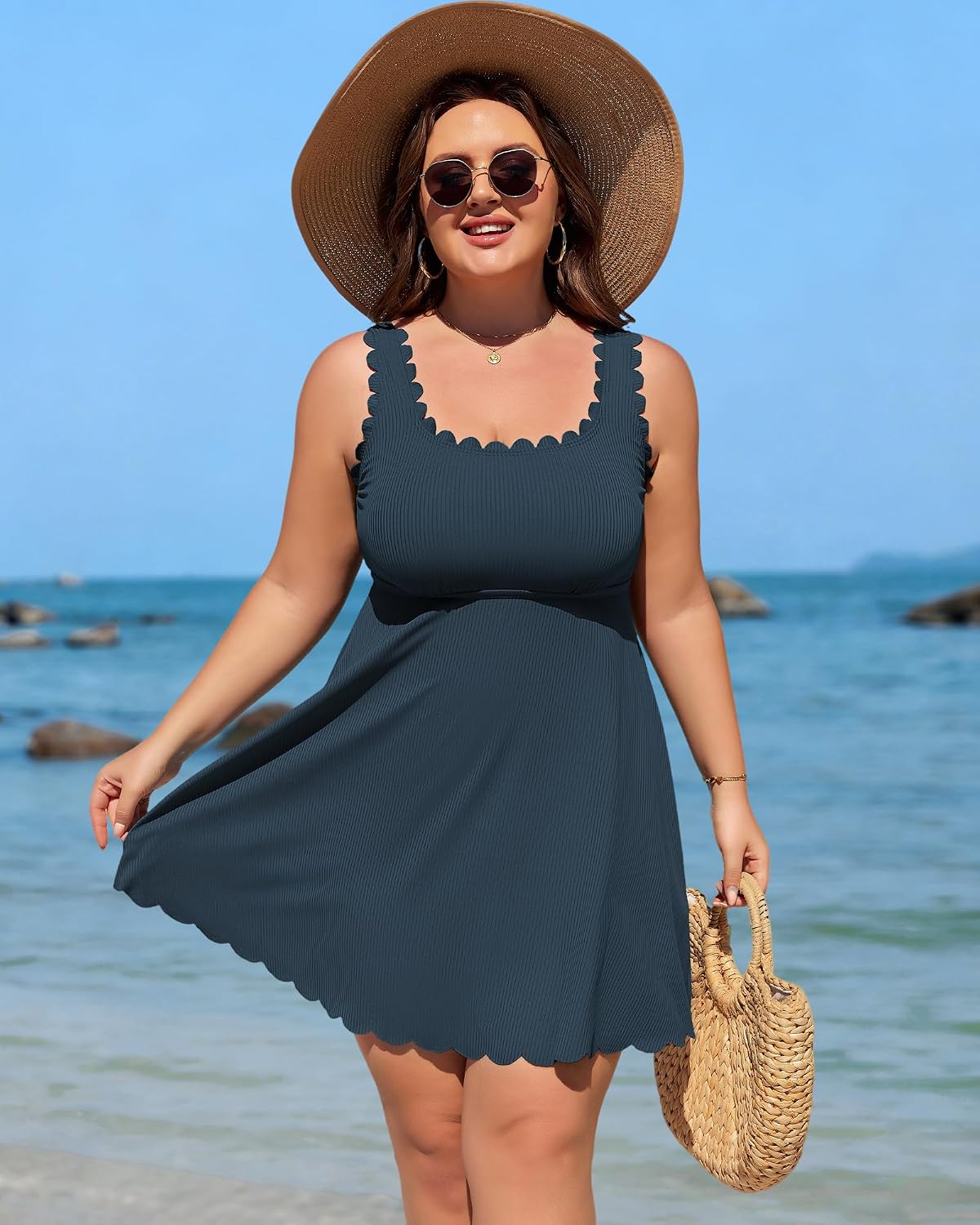 Charmo Women Plus Size Swim Dress Scalloped Square Neck One Piece Swimsuit Tummy Control Bathing Suit Rushed Swim Suits 2026
