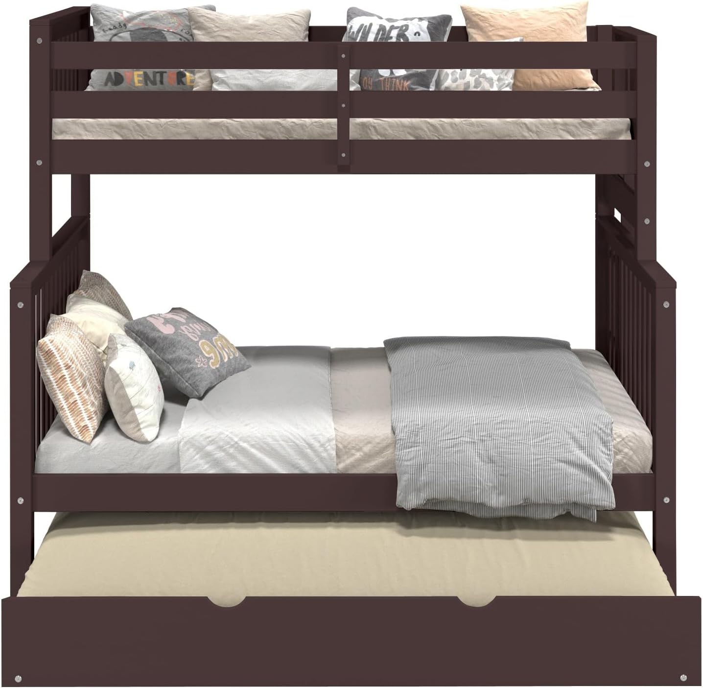 Bedz King Bunk Beds Twin Over Full Mission Style, End Ladder, Full Trundle, Dark Cherry