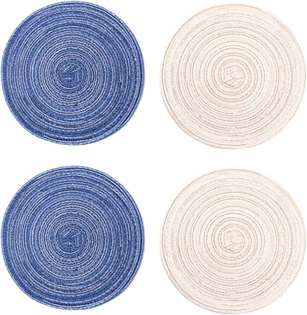 WOSO Pack of 4 Round Placemat Set, Heat Resistant Round Braided Woven Coasters, Washable Table Placemats for Dining Kitchen Table (2 Blue and 2 Beige) (4.33 In)