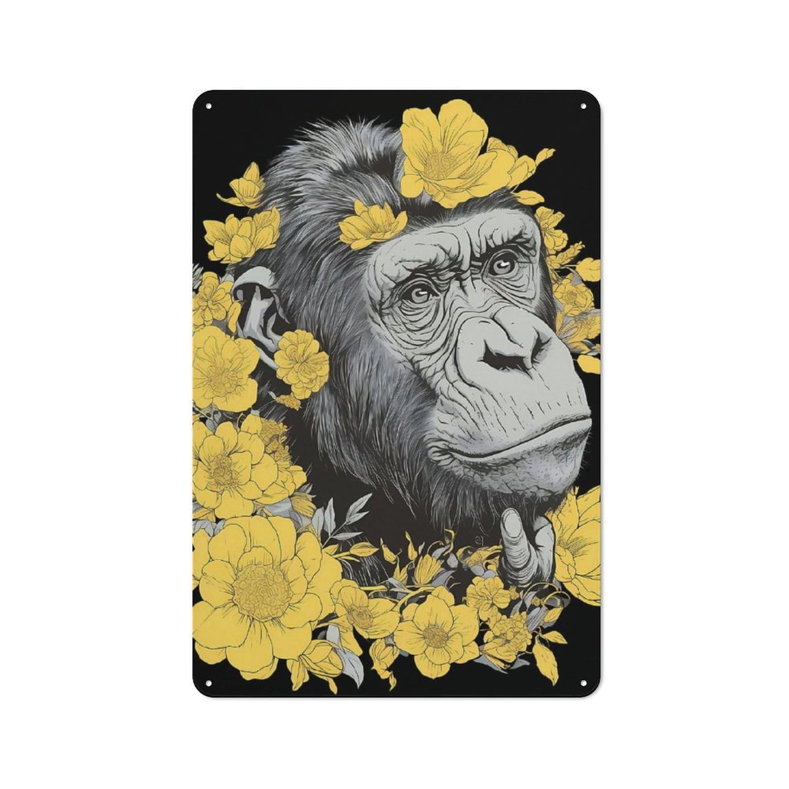 Understated Office Metal Sign 30x20cm Featuring Floral Gorilla Portrait, Studio Wall Plaque for Office, Study, Studio Or Hallway