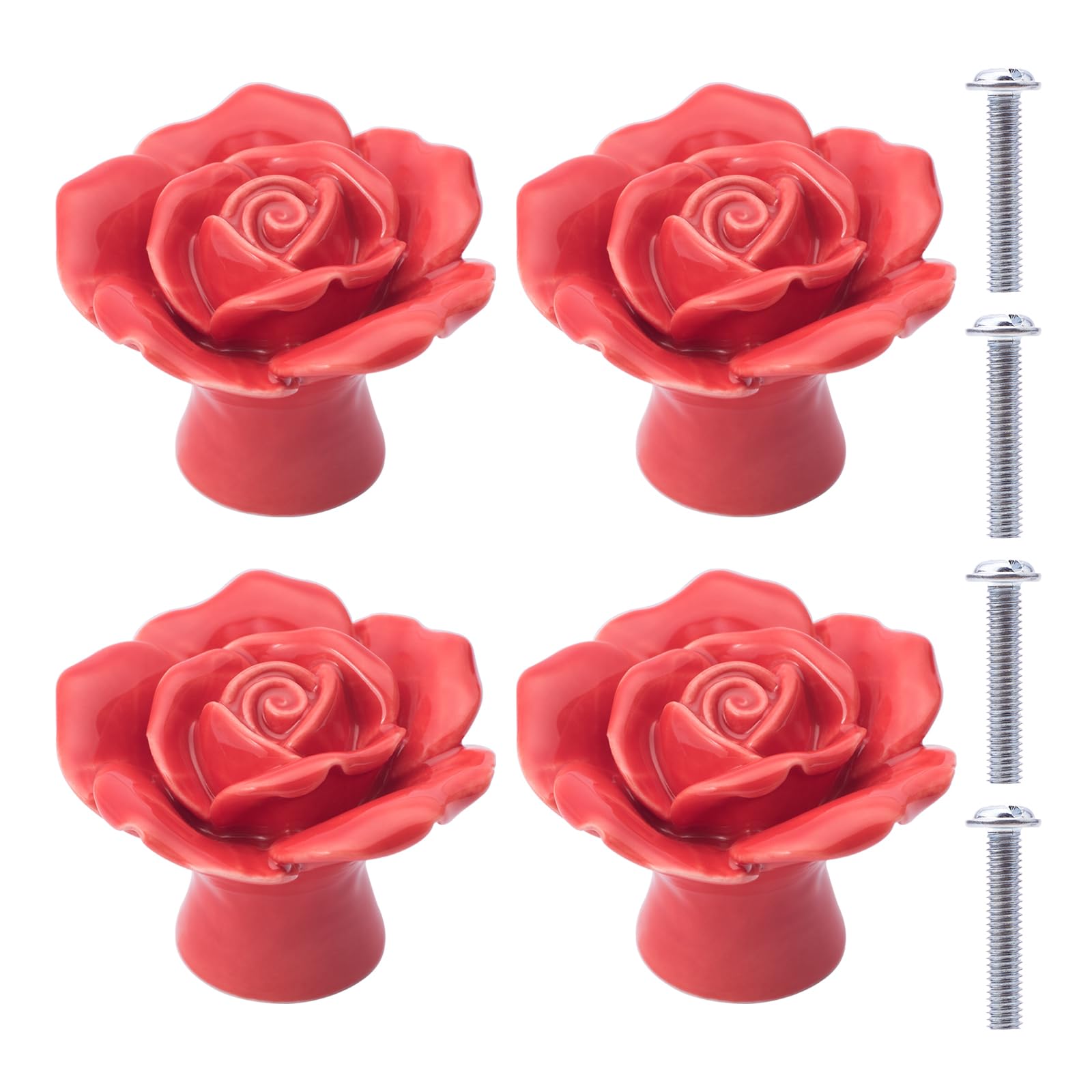 NAKUPENDA Ceramic Knobs Set of 4 Roses Flower Knobs Drawer Knobs Porcelain Rose Furniture Knobs for Drawers Cabinets Cupboard Doors (Red)