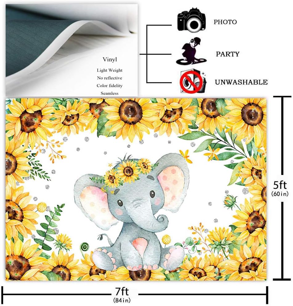 COMOPHOTO 7x5ft Elephant Sunflower Backdrop Baby Shower Party Decorations Sunflower Little Peanut Backdrops Kids Newborn Birthday Party Banner Cake Table Decorations Photography Background