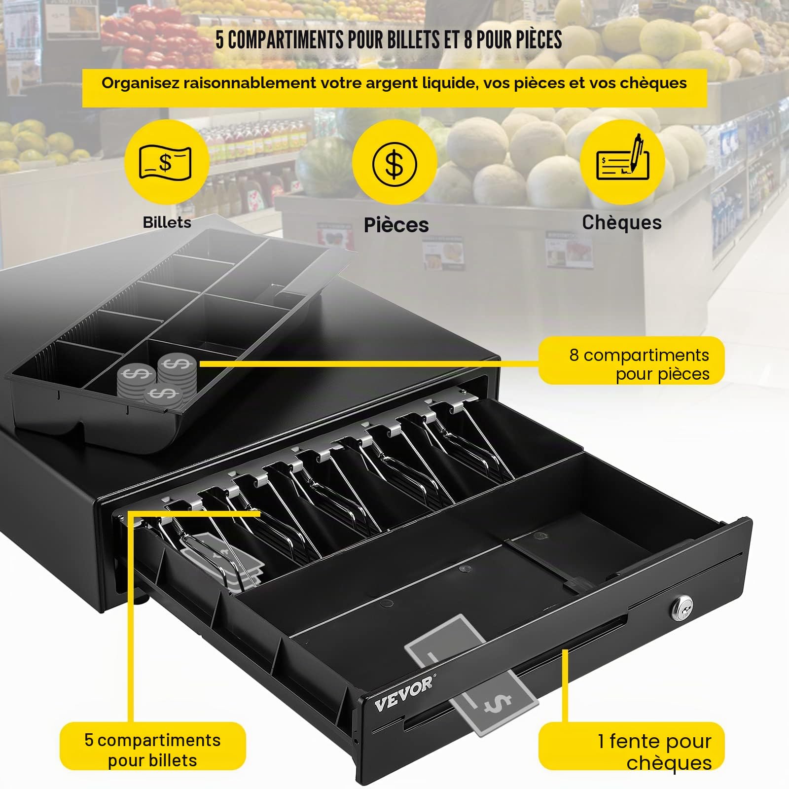 VEVOR Tiroir-Caisse Enregistreuse 41 cm Compartiments 5 Billets 8 Pièces RJ11/RJ12 POS Restaurant