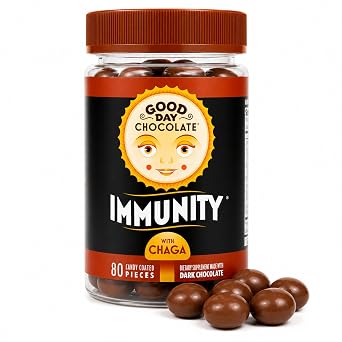 Good Day Chocolate Immunity Dark Chocolate with Elderberry, Zinc & Chaga Mushroom for Immune Support Easy Daily Chocolate Supplement 80 Count