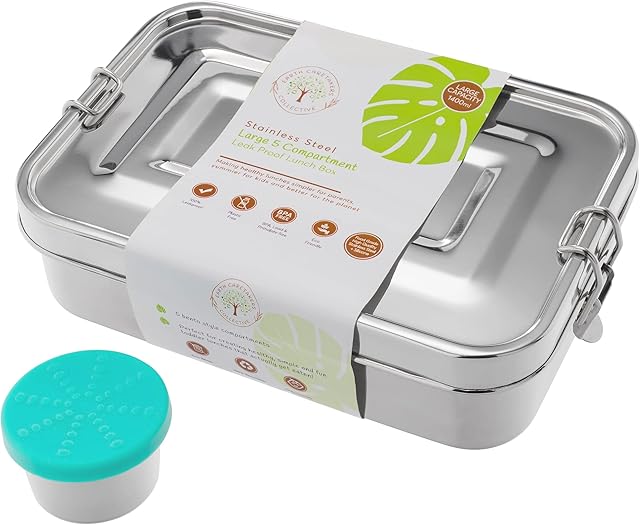 Earth Caretakers Collective Large Leakproof Stainless Steel Bento Lunchbox, 50ml Leakproof Sauce Pot, Eco-friendly, Plastic Free, Reusable, Perfect for Adults or Children, School or Office, 1400ml