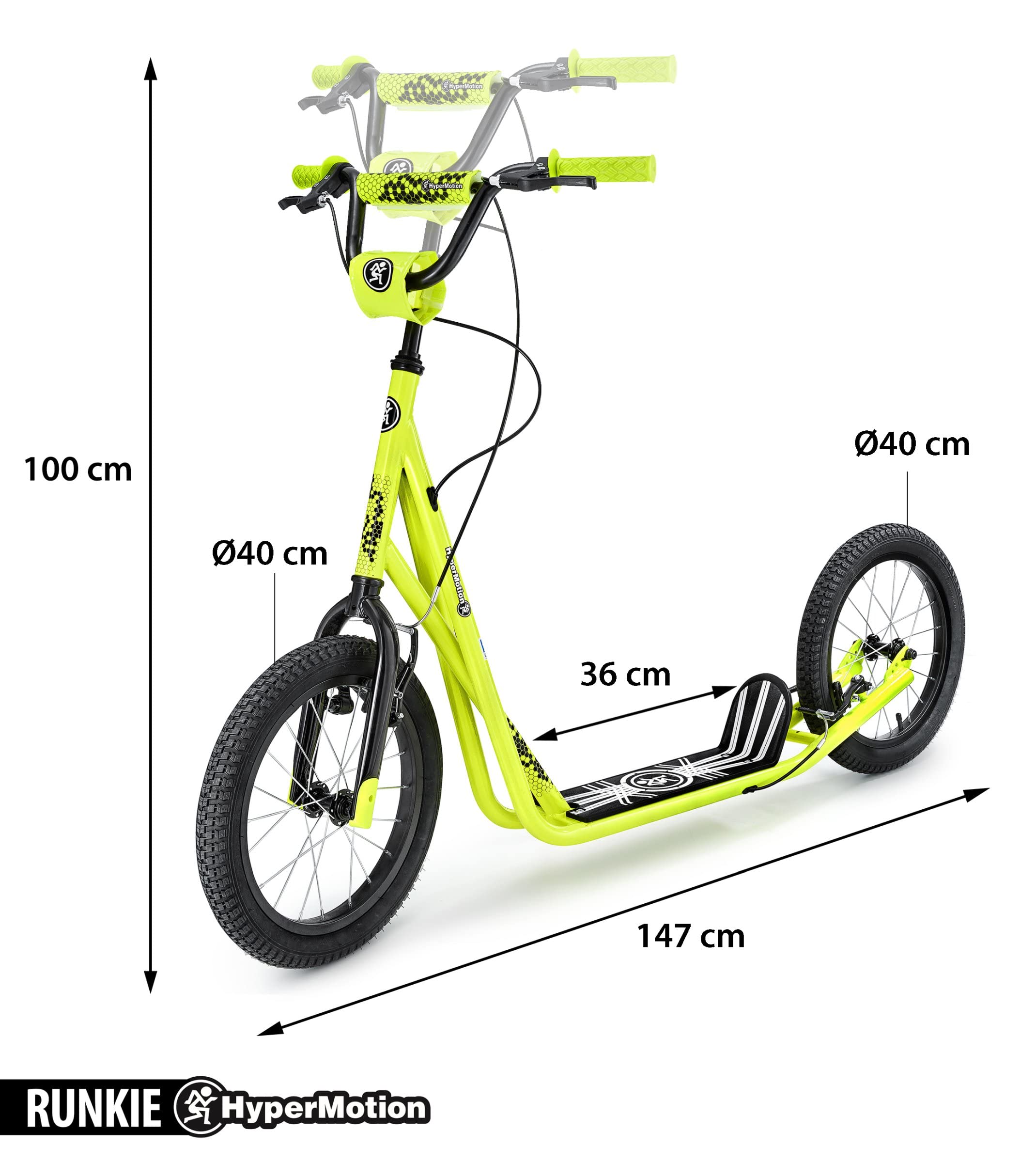 HyperMotion Hulajnoga dla Dzieci, Dorosłych i Młodzieży, Hulajnoga Miejska z Dużymi, Pompowanymi Kołami 2 נ16" (40 cm), Hamulce v-brake, Stalowa Rama, Regulowana Kierownica