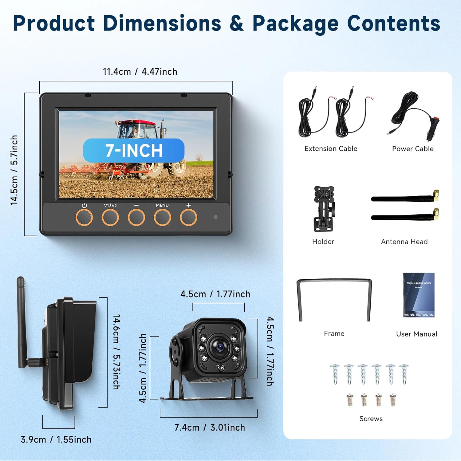 Wireless Backup Camera Kit with 7-Inch Monitor, IP68 Waterproof HD 720P IR Night Vision Rear View Camera for Tractor,Truck,Trailer,Wagon,Seeder,Excavator,Loader