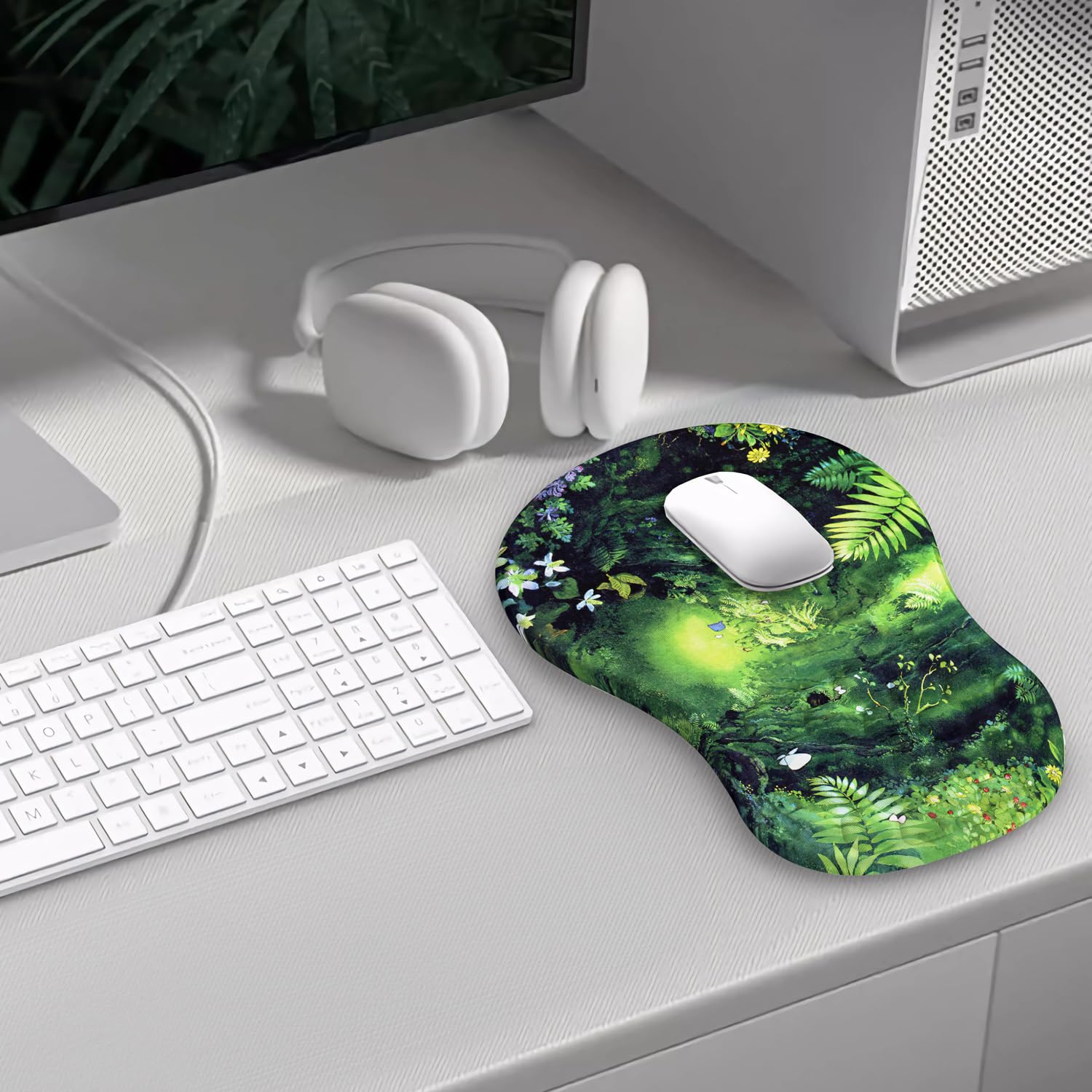 Bonita alfombrilla ergonómica para mouse verde con espuma viscoelástica, diseño de plantas verdes de anime Kawaii, soporte de muñeca, decoración de escritorio, oficina, para niña, reposamuñecas para