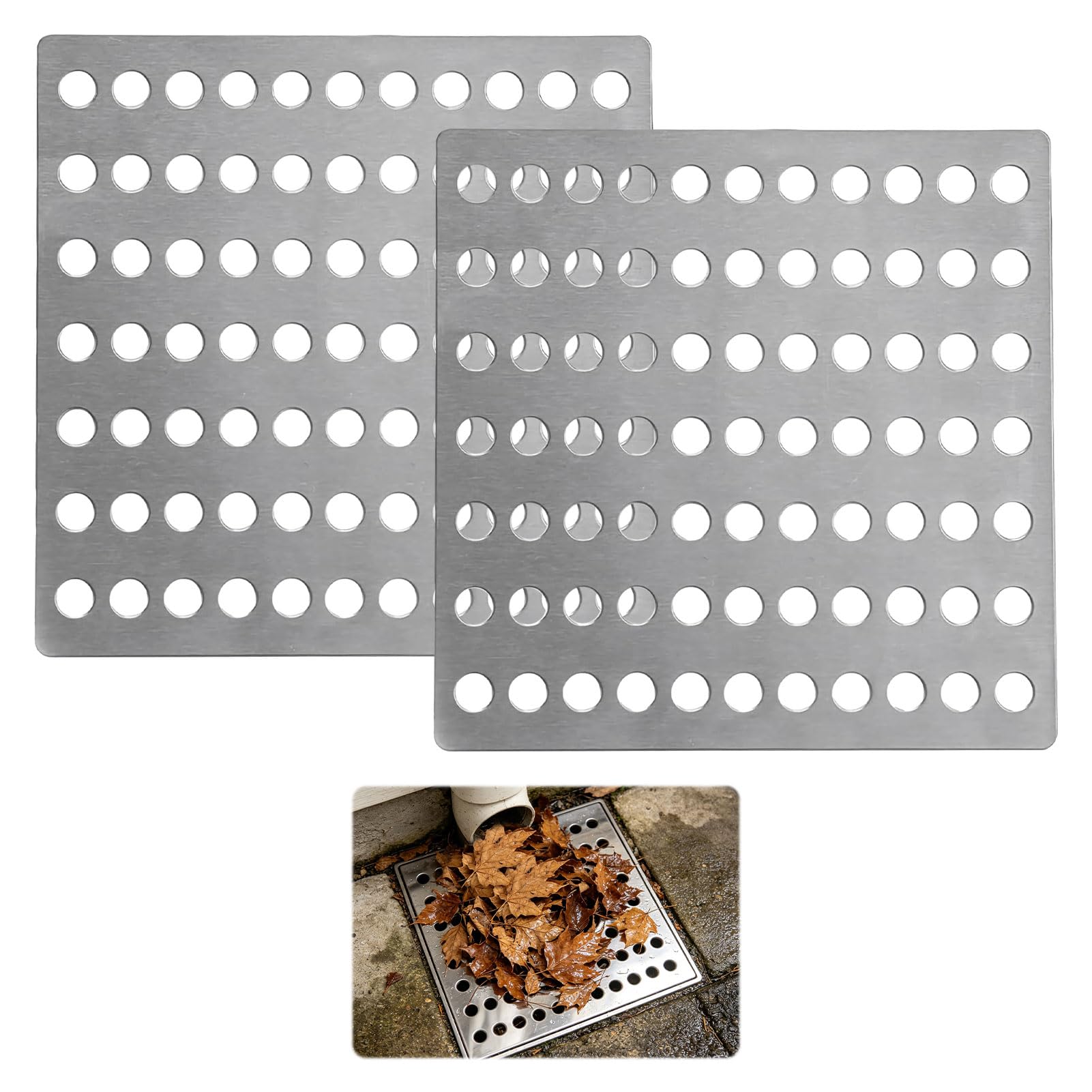 2Pcs Drain Covers Outdoor, Drain Cover Outdoor, 304 Stainless Steel Mirror Finish, Metal Drain Cover for Patio Garden Pool Bathroom Kitchen Drain Protection, 15cm Square Drain Covers