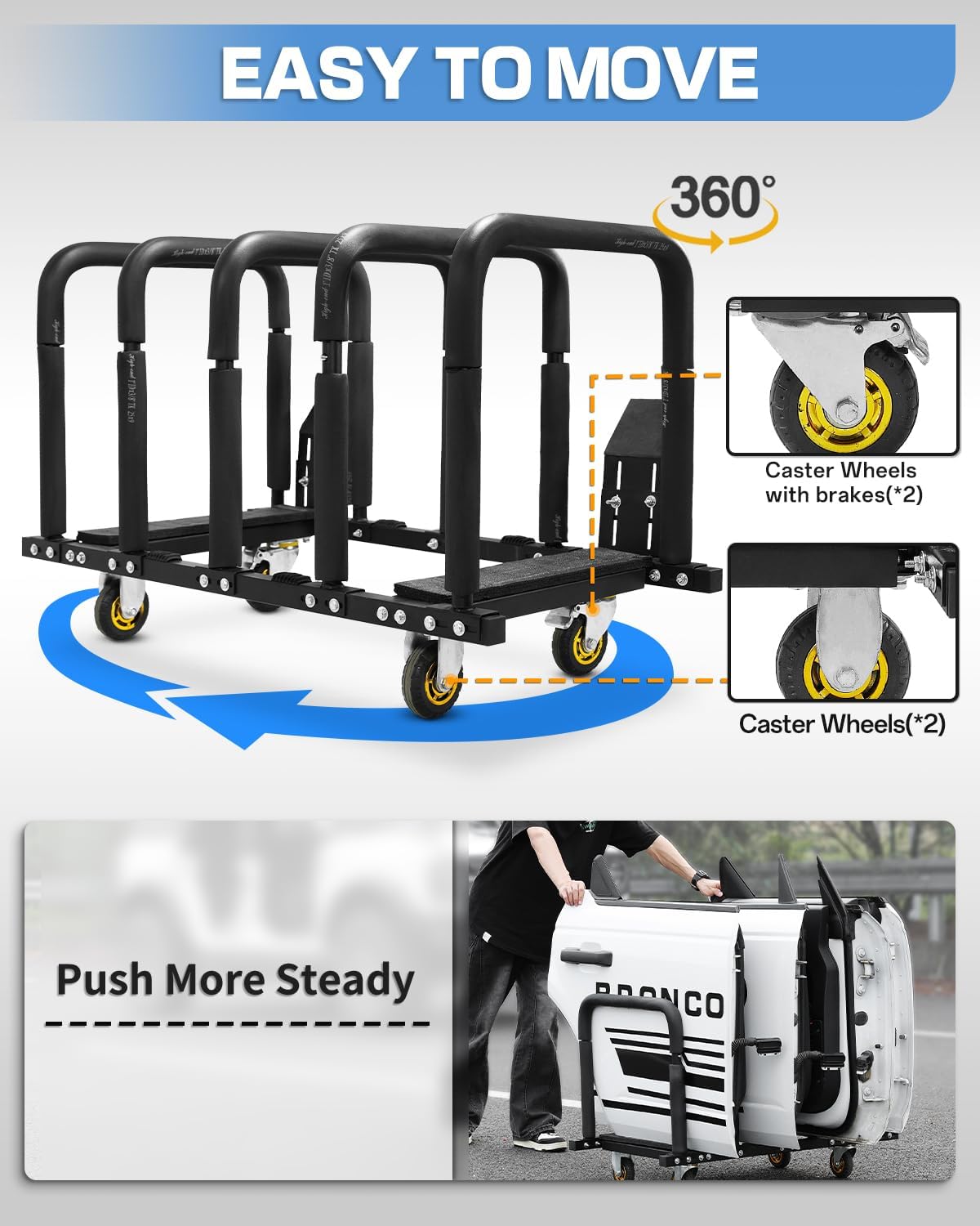 ROADER for Jeep Door Holder, Door Rack Storage Cart Hanger Rack Sliding Movable Stand Bracket Door Cart for 1987-2024 Jeep Wrangler TJ JK JL Gladiator JT & 2021-2024 Ford Bronco 2/4 Door