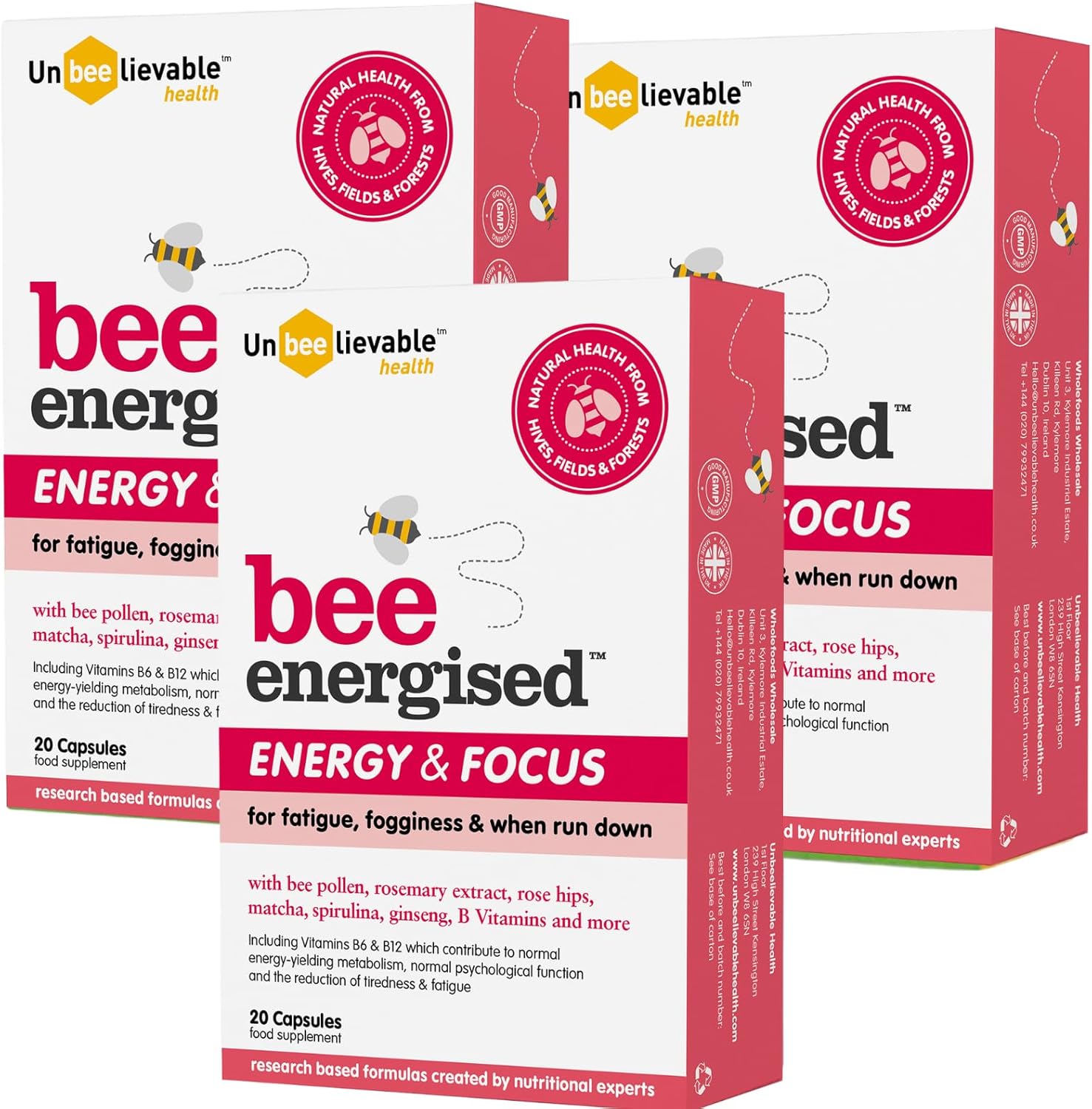 Unbeelievable Health Bee Energised Energy & Focus Supplement – Created by Nutritional Experts – Contains Organic: Bee Pollen, spirulina, Matcha and More – 3 Pack