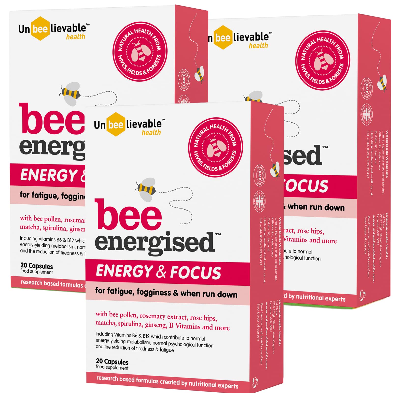 Health Bee Energised Energy & Focus Supplement - Created by Nutritional Experts - Contains Organic: Bee Pollen, spirulina, Matcha and More - 3 Pack