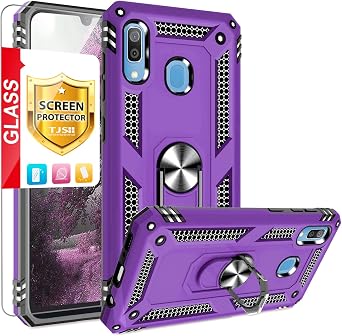 TJS for Samsung Galaxy A20 Phone Case, Galaxy A30 Phone Case Purple | with Tempered Glass Screen Protector Metal Ring Magnetic Support Kickstand Heavy Duty Drop Protector Phone Case Cover