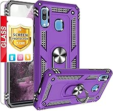 TJS Compatible with Samsung Galaxy A20 Case, Galaxy A30 Case, with Tempered Glass Screen Protector Metal Ring Magnetic Support Kickstand Heavy Duty Drop Protector Phone Case (Purple)