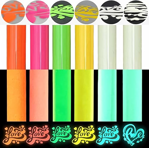 Vinilo de transferencia de calor 3D que brilla en la oscuridad, color fluorescente luminoso, 6 hojas de 12 x 10 pulgadas para camisetas de prensa de