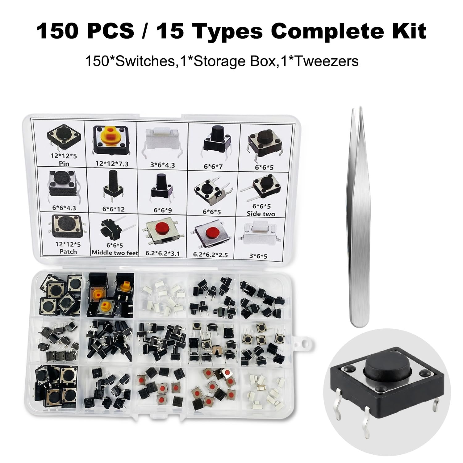 150Pcs 15 Values 2/4 Pins Tactile Push Button Switch Assortment Kit