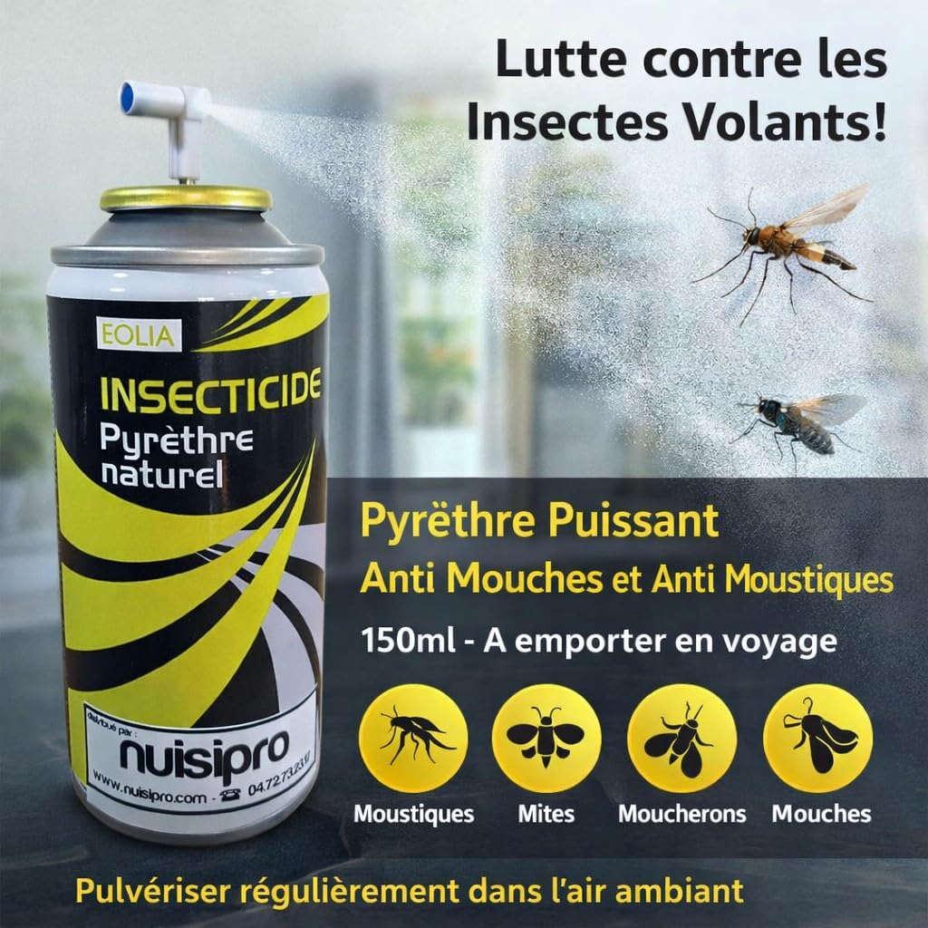 NUISIPRO - Pyrèthre Puissant pour Insectes Volants et Rampants : Mouches, Moustiques,Moucherons, Puces, Mites, Tiques...- Spray 150ml