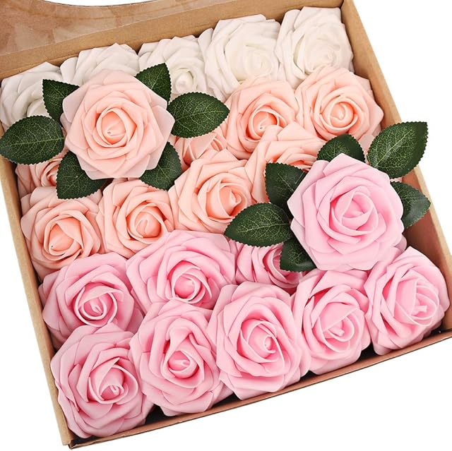 N&T NIETING Artificial Flower Roses, 25pcs Real Touch Foam Roses with Stems for DIY Wedding Bridal Bouquets, Valentine's Day, Mother's Day, Baby Shower, Home Decoration