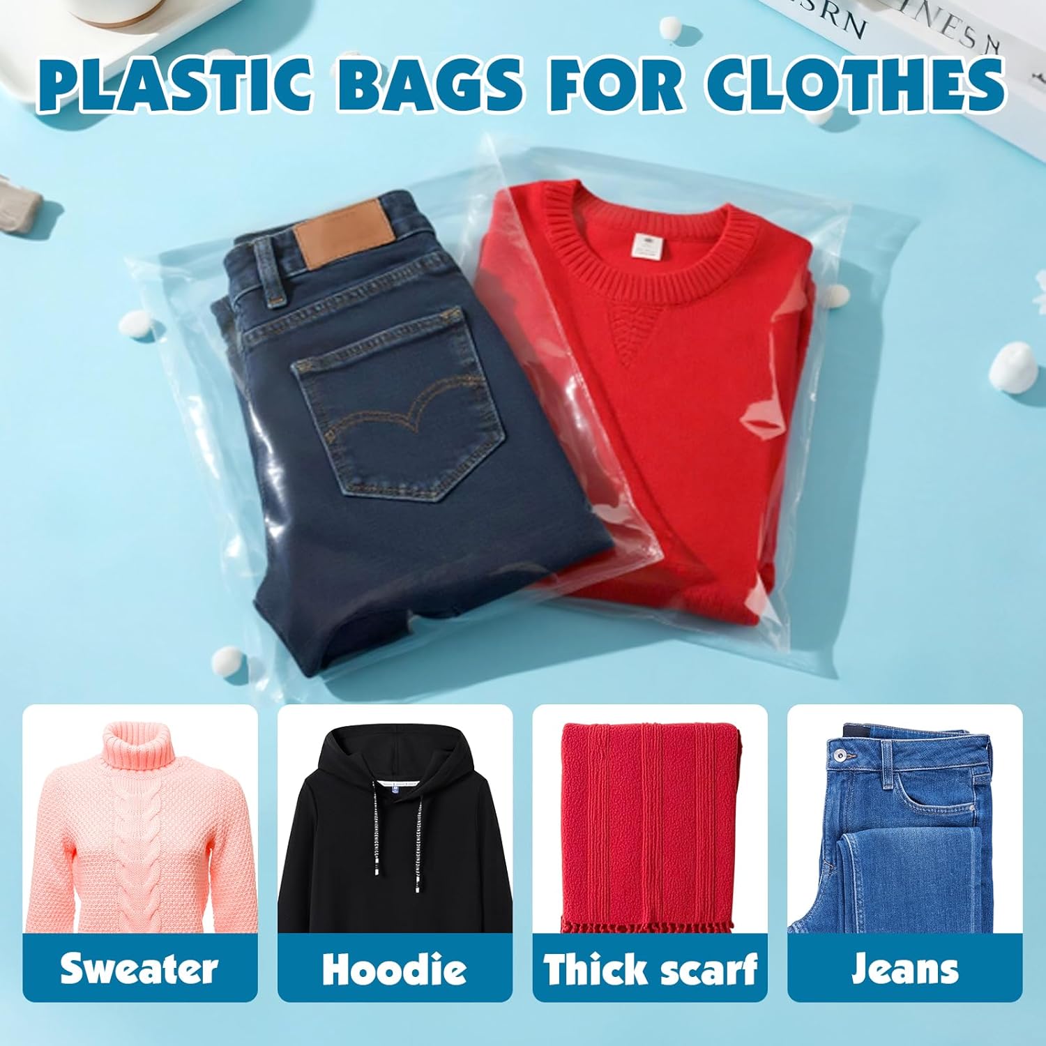 58 Pcs Clear Cellophane Bags, 14x20 Inch Resealable Poly Bag, Self Sealing Shirt Bags, Clear Bag for Clothes, magazine, postcard - Image 4