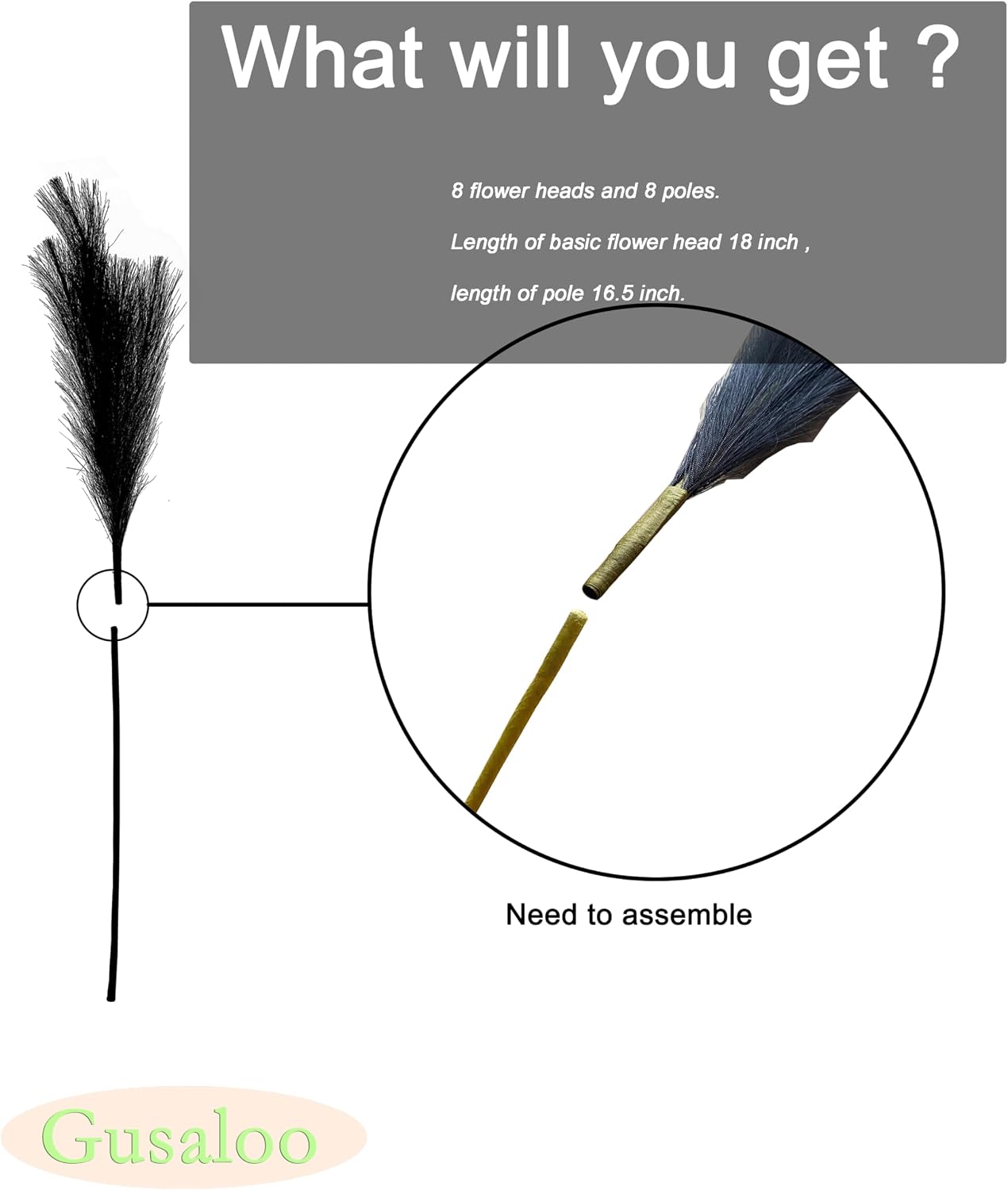 Artificial Faux Pampas Grass 8 Pcs Fake Artificial Adjustable Pampas Grass Variable Length Tall Fluffy Stems Table Vase Filler Centerpiece for Living Room Kitchen Decor Boho Decor Wedding -Black