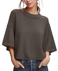 ZDC Womens Oversized Sweaters Summer 3 4 Sleeve Casual Cropped Tops Lightweight Loose Fit Knit Pullover