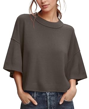 ZDC Womens Oversized Sweaters Summer 3 4 Sleeve Casual Cropped Tops Lightweight Loose Fit Knit Pullover