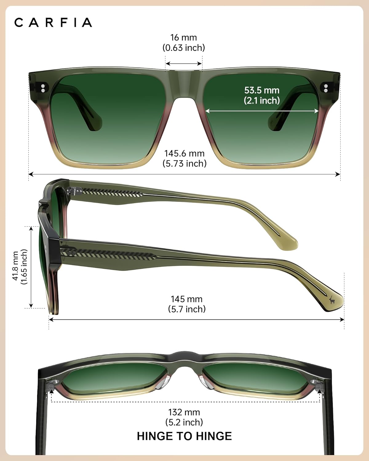 CARFIA Modern Sunglasses for Men Polarized UV400 Protection Flat Large Wrap Square Acetate Driving Glasses