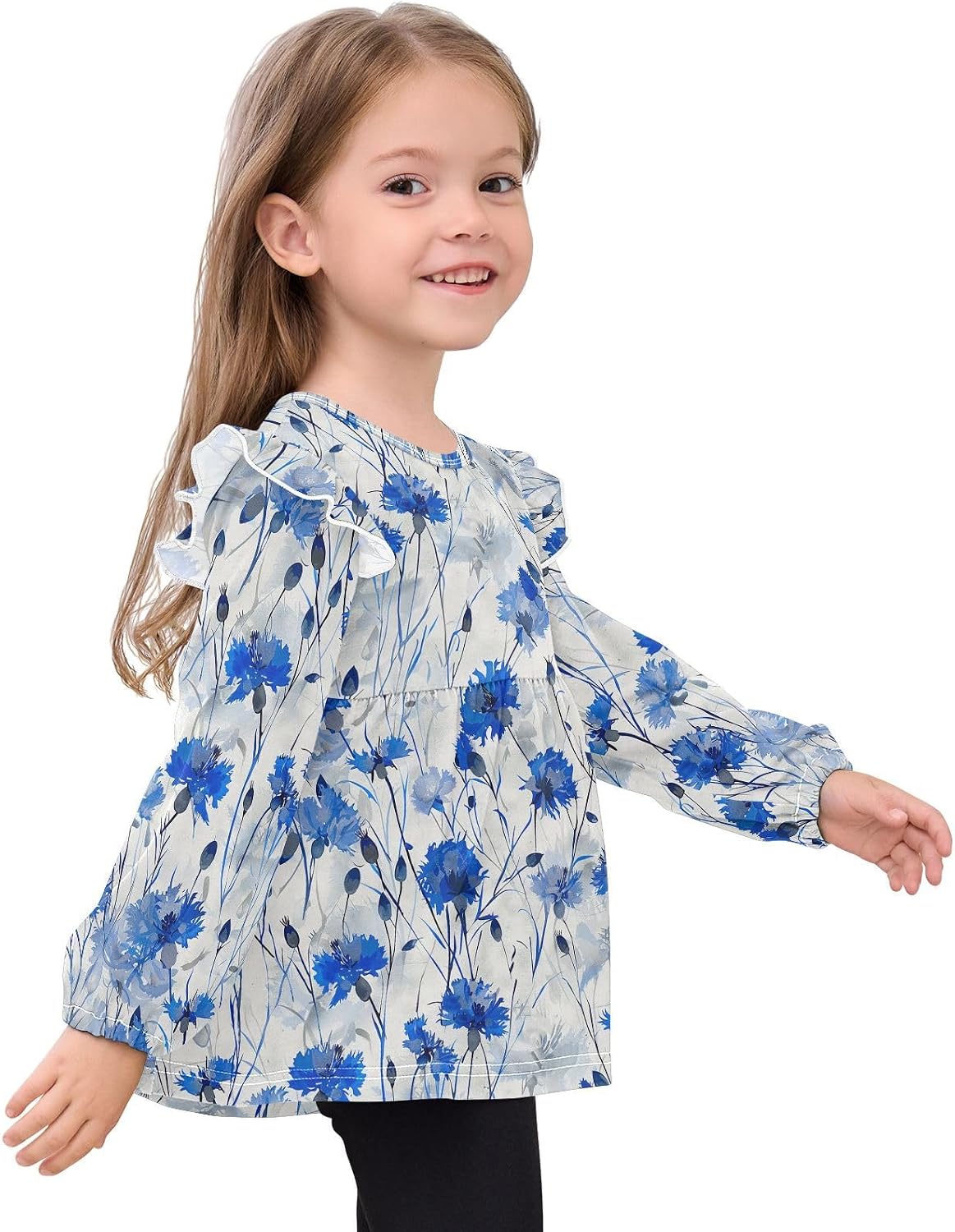 visesunny Toddler Clothes for Girls Blue Cornflower Floral Long Sleeve Fall Shirts Cotton Top with Ruffle Collar