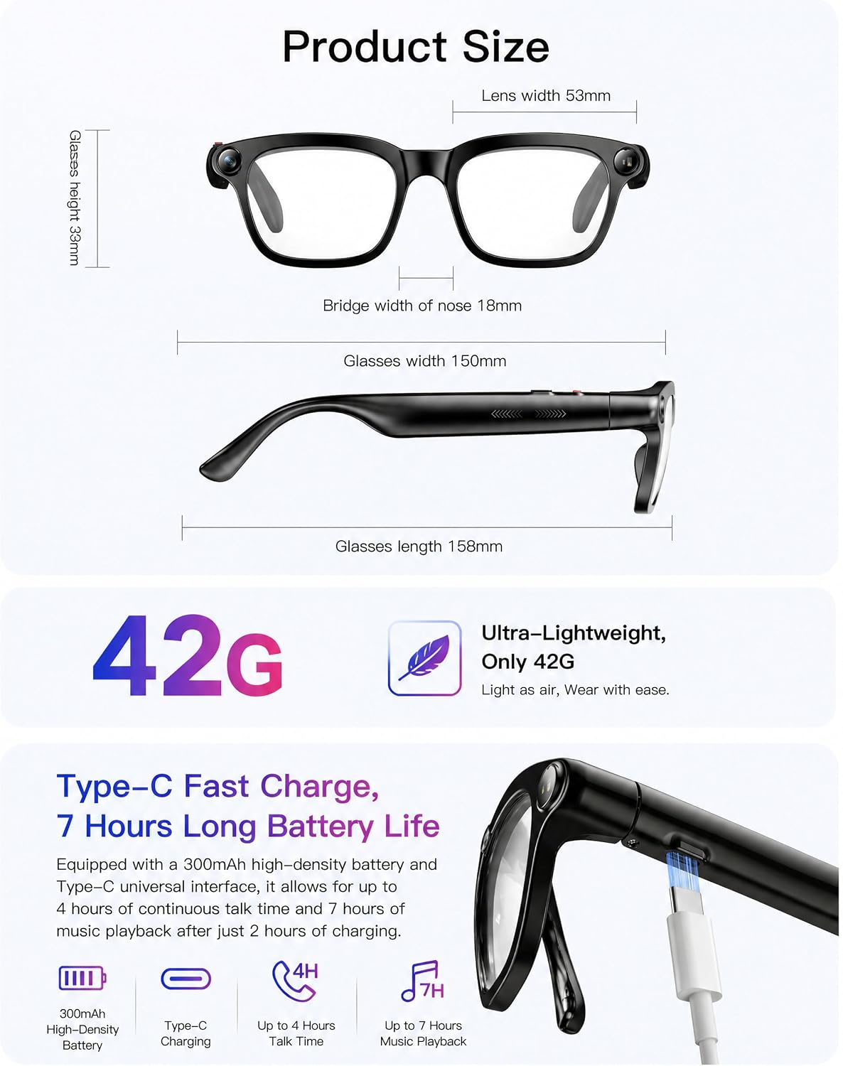 AI Smart Glasses With Camera, 1080P Video Recording Glasses, 8MP Camera Glasses for Men Women, AI Voice, Real-Time Translation, Photochromic Lenses, IP65, Bluetooth Audio for Travel, Meetings & Vlog