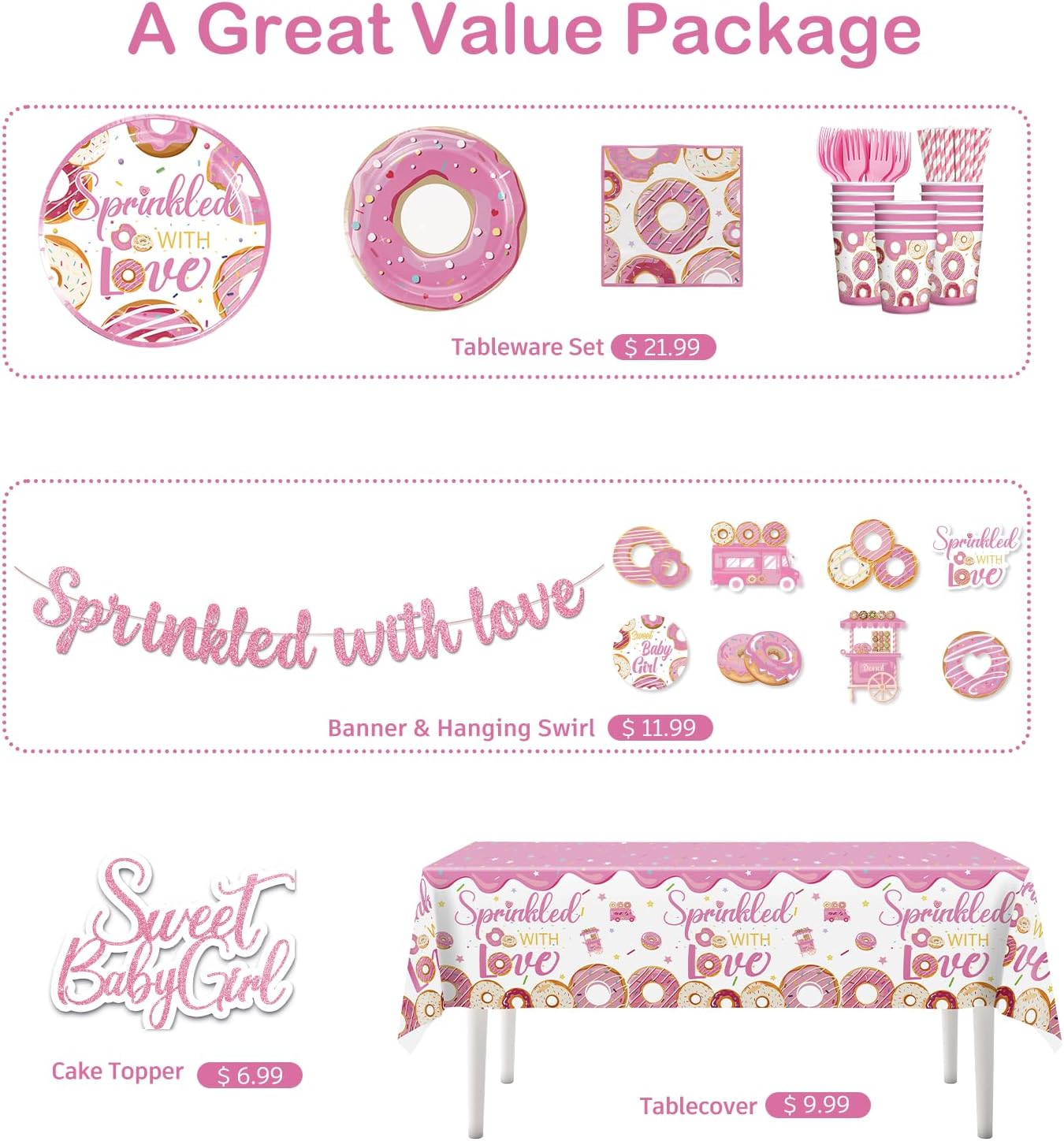 Xynic 140pcs Baby Sprinkle Decorations for Girl, Disposable Paper Tableware Includes Pre-threaded Banner 40 Plates 2 Tablecloths, 20-pack Tableware Suitable for Sprinkled with Love Baby Shower