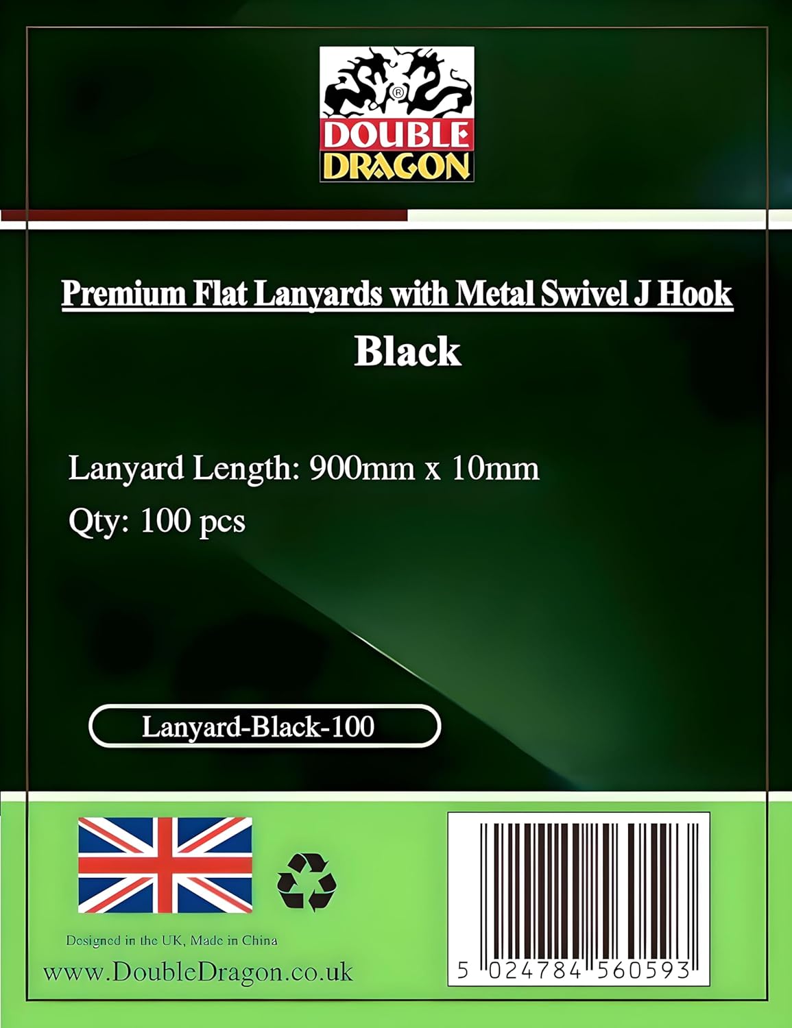 Double Dragon Premium Flat Lanyards with Metal Swivel J Hook, Black, Pack of 100