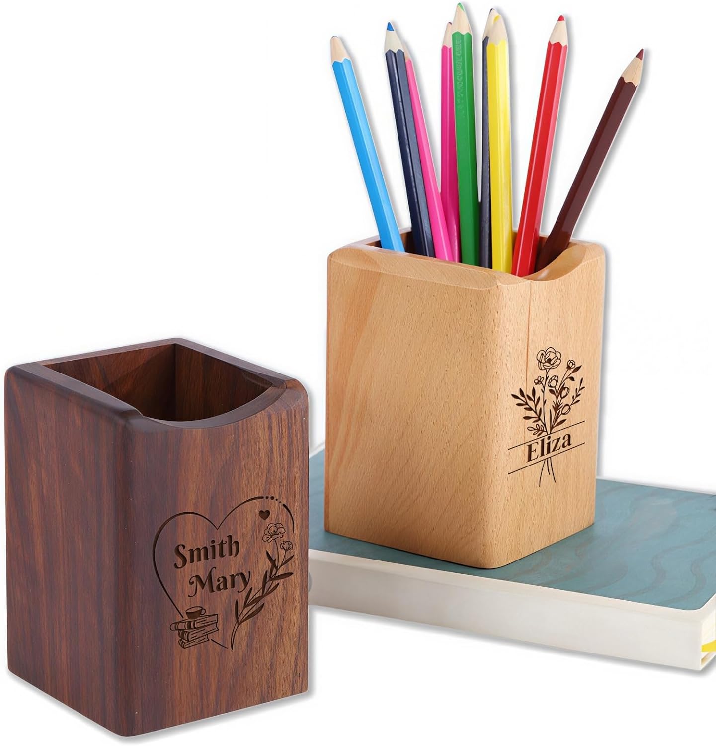 Personalized Engraved Beech Wood/Walnut Pen Holder, Multi Purpose Desk Organizer Box, Custom Gift For Teachers' Day, Birthday & Anniversary(Walnut wood)