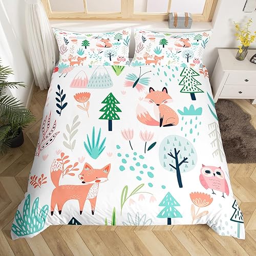 Funda de edredón de zorro individual, funda de edredón de zorro de dibujos animados, búho de zorro bosque, juego de ropa de cama para niños,