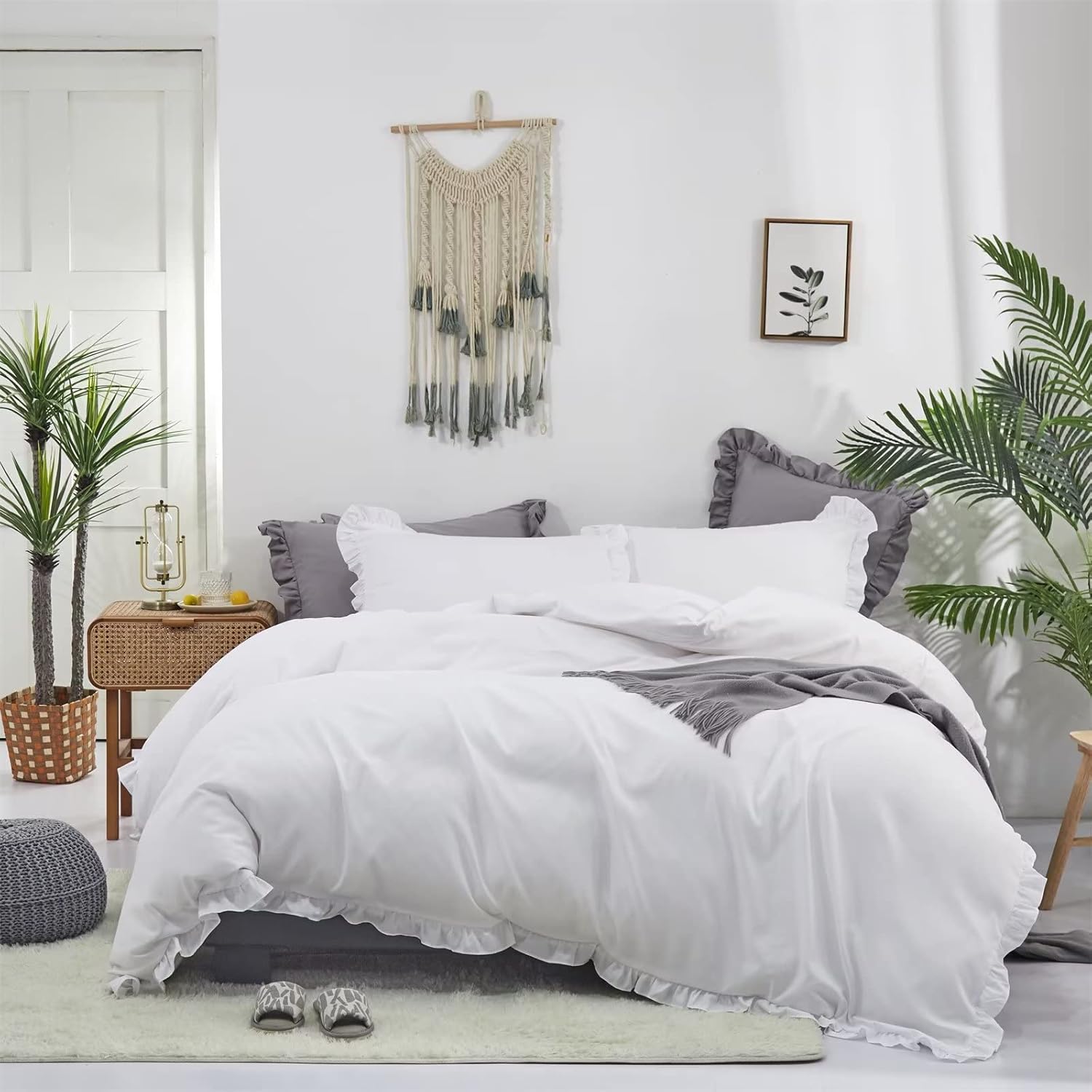 Houseri White Ruffle Comforter Set Queen Size White Boho