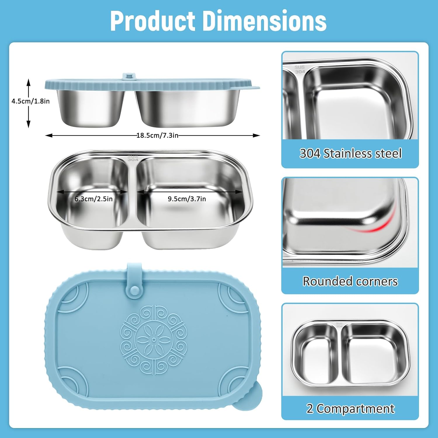 3 Pack Stainless Steel Snack Containers, 2 Compartment Snack Containers with Leakproof Silicone Lids,Divided Meal Prep Lunch Box Food Container for Travel, Outdoor, Camping.（15.84 OZ） - Image 2