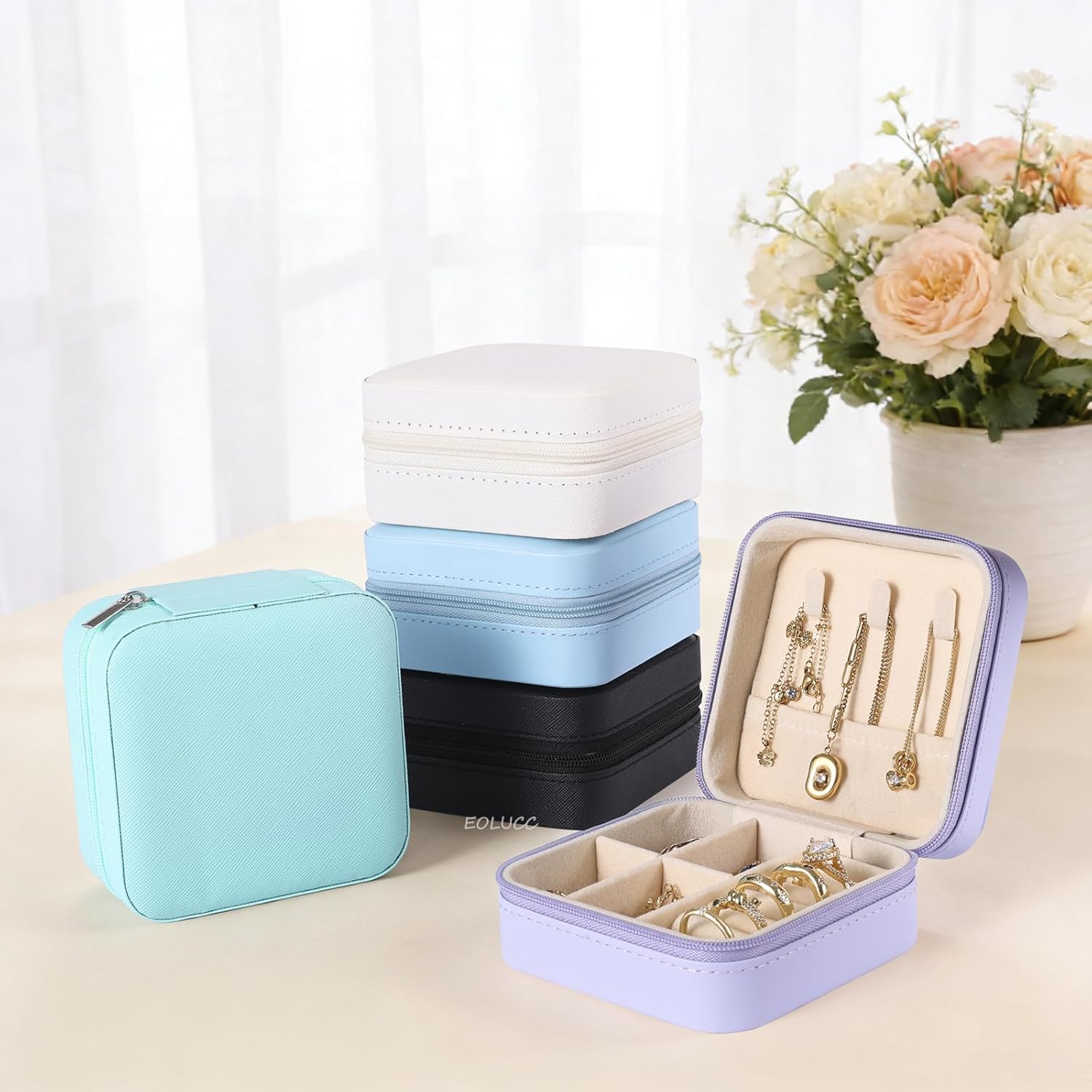 Travel Jewelry Case Bridesmaid Gifts Box, Small Portable Jewelry Organizer, Leather Mini Storage Box for Earring Necklace Ring, Purple, 6 Pack