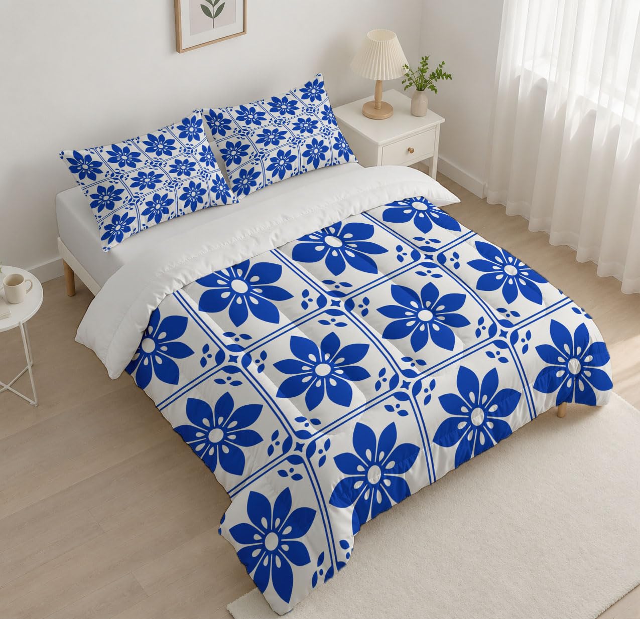 Trapunta Piastrelle Floreali In Stile Retrò, Piumino Matrimoniale 4 Stagioni | 240X220 Cm Con Federa 50X80, Piumone Leggero In Microfibra, Trapunta Reversibile Geometria Delle Piante Tribali, Indaco