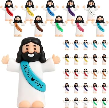Bememo 50 Pcs 50pcs Mini Jesus Figures Little Jesus Love You Rubber Action Figures to Hide and Seek for Religious Party Favors Easter Egg Stuffers Sunday Baptism Hug