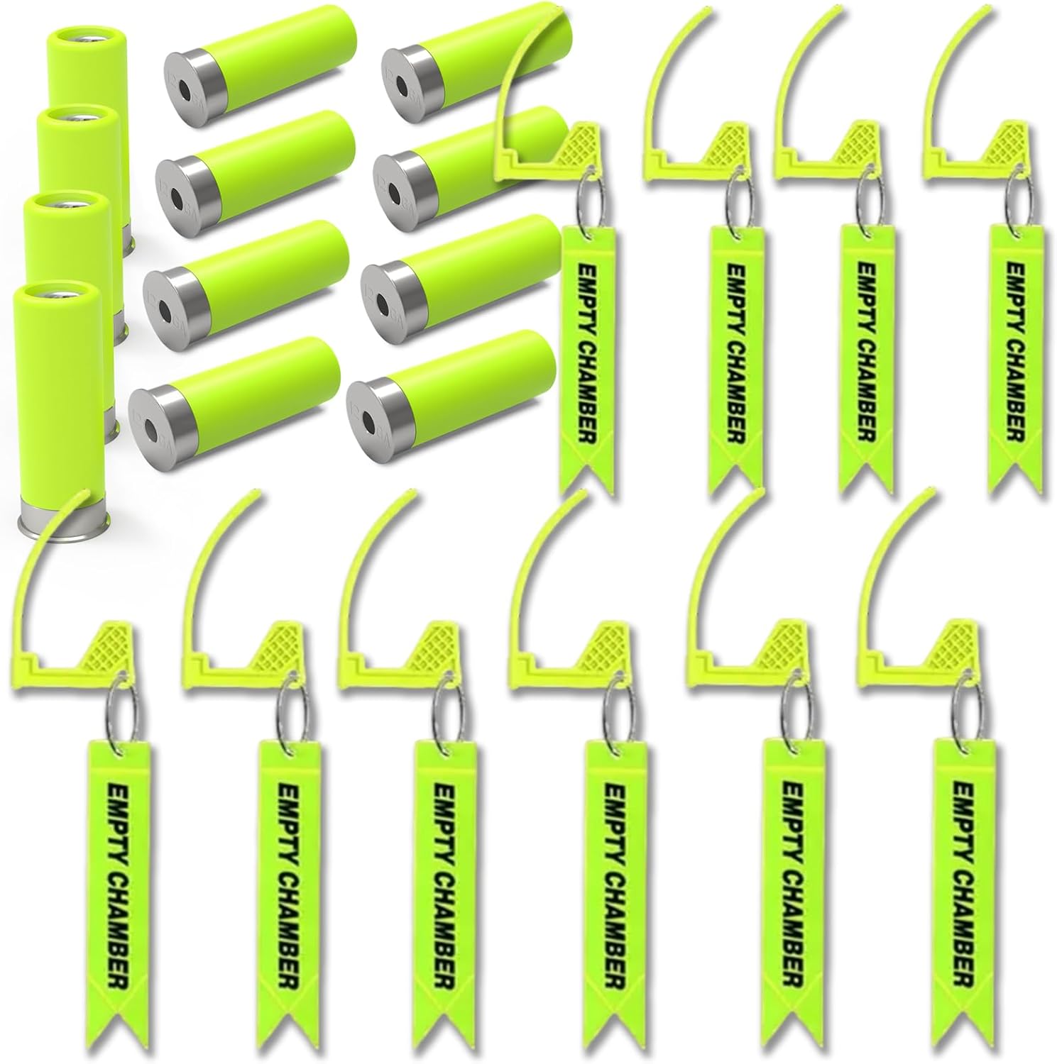 Artemis 12ga Snap Caps Dummy Rounds（12Pcs） & Gun Safe Chamber Flags Comes with Reflective Light Tags (Yellow green-10PK) for Safe Firearm Training